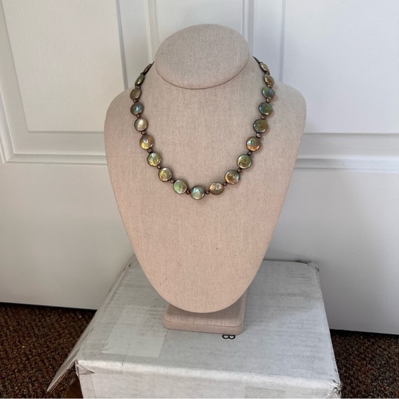 Green pearl circle collar necklace vintage pearlescent oil slick shiny heavy